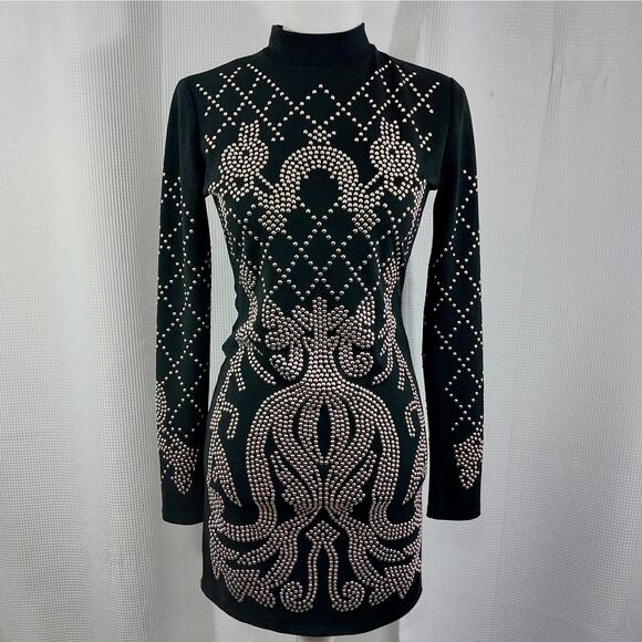 NWOT! REVAMPED! ULTRA STRETCH BLACK, ELABORATE GOLD STUDDED L/S DRESS! SZ S - Picture 2 of 12